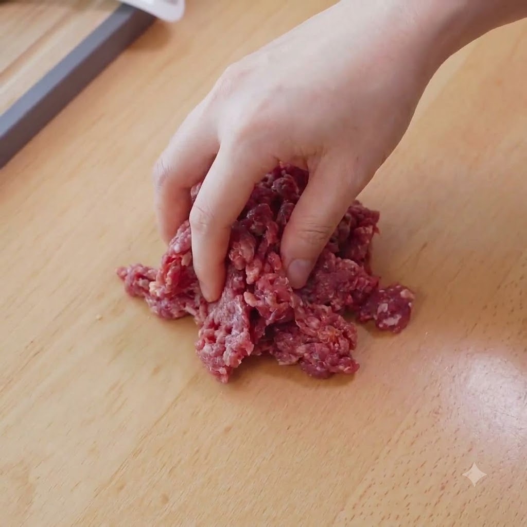 角切り牛肉と調味料を手でしっかり混ぜ合わせている様子。
