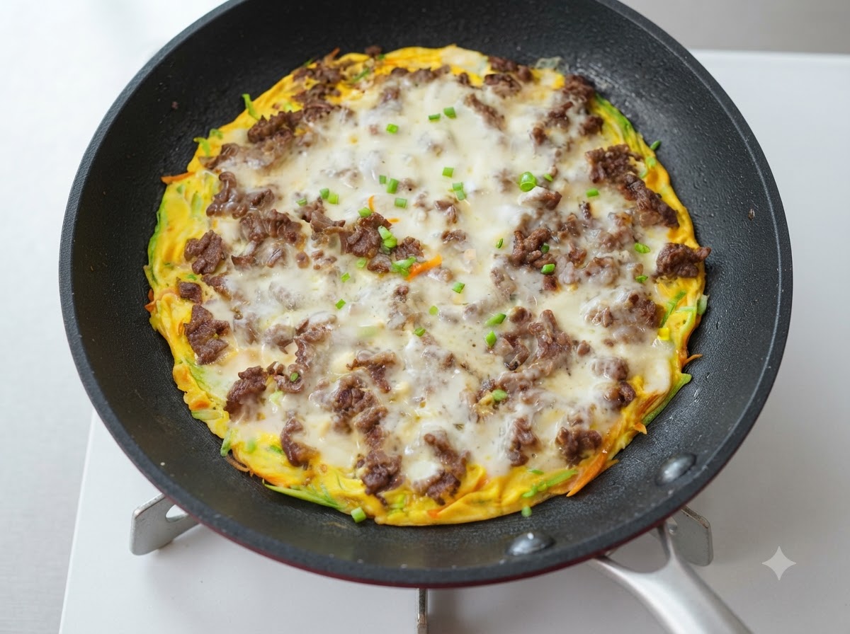溶けたチーズの上に刻み小ねぎが散らされた、完成したズッキーニと牛肉のピザ。