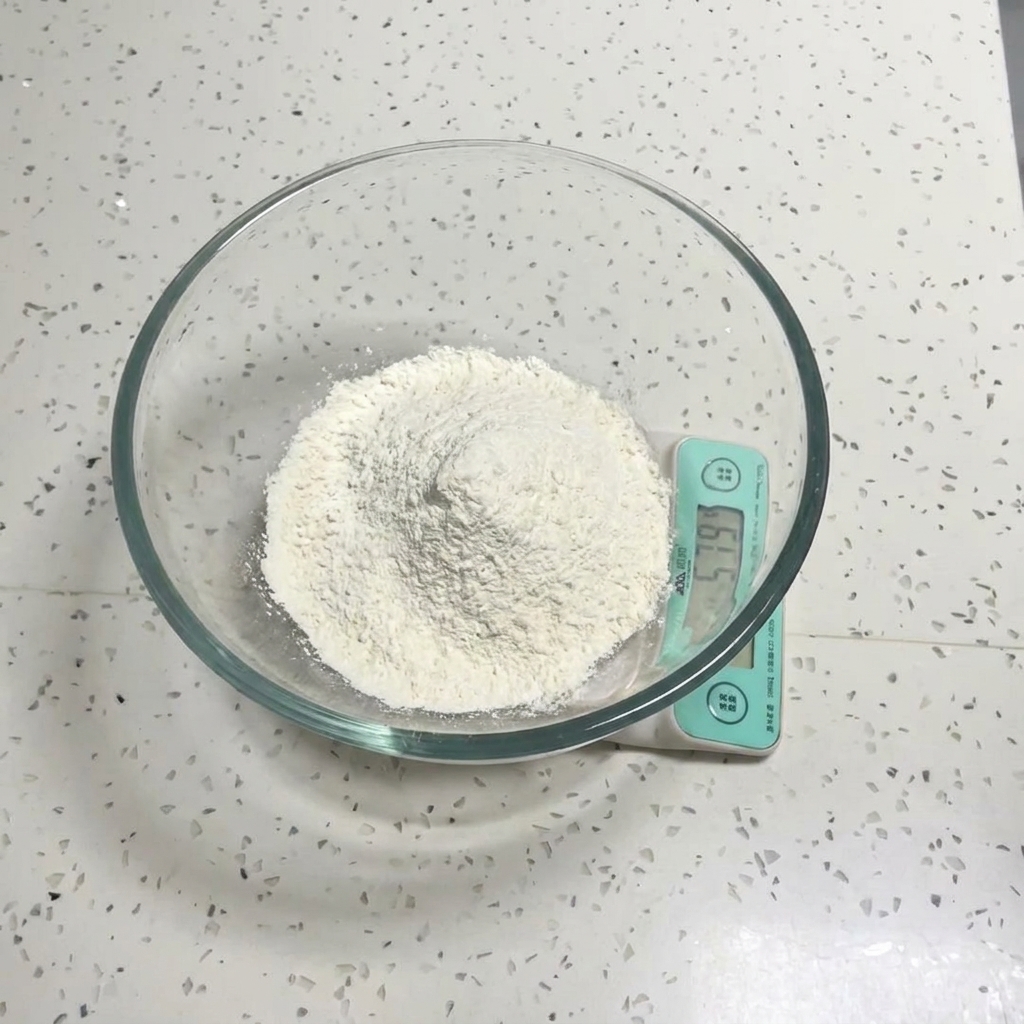 デジタルキッチンスケールの上に置かれた、白い小麦粉が入った透明なガラスのボウル。