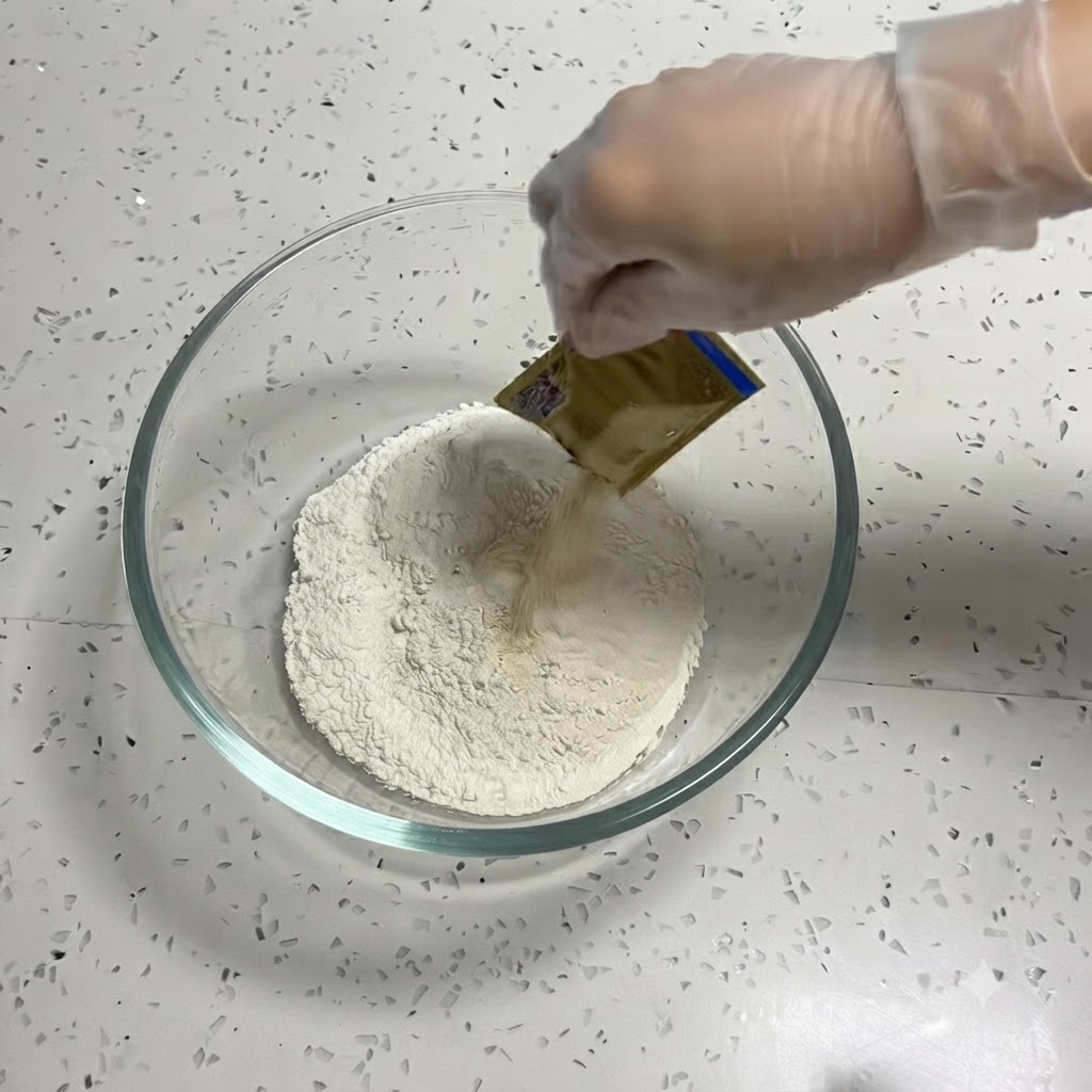 手袋を着用した手が、小さな小袋からドライイーストの粉を小麦粉の入ったボウルに注いでいる様子。