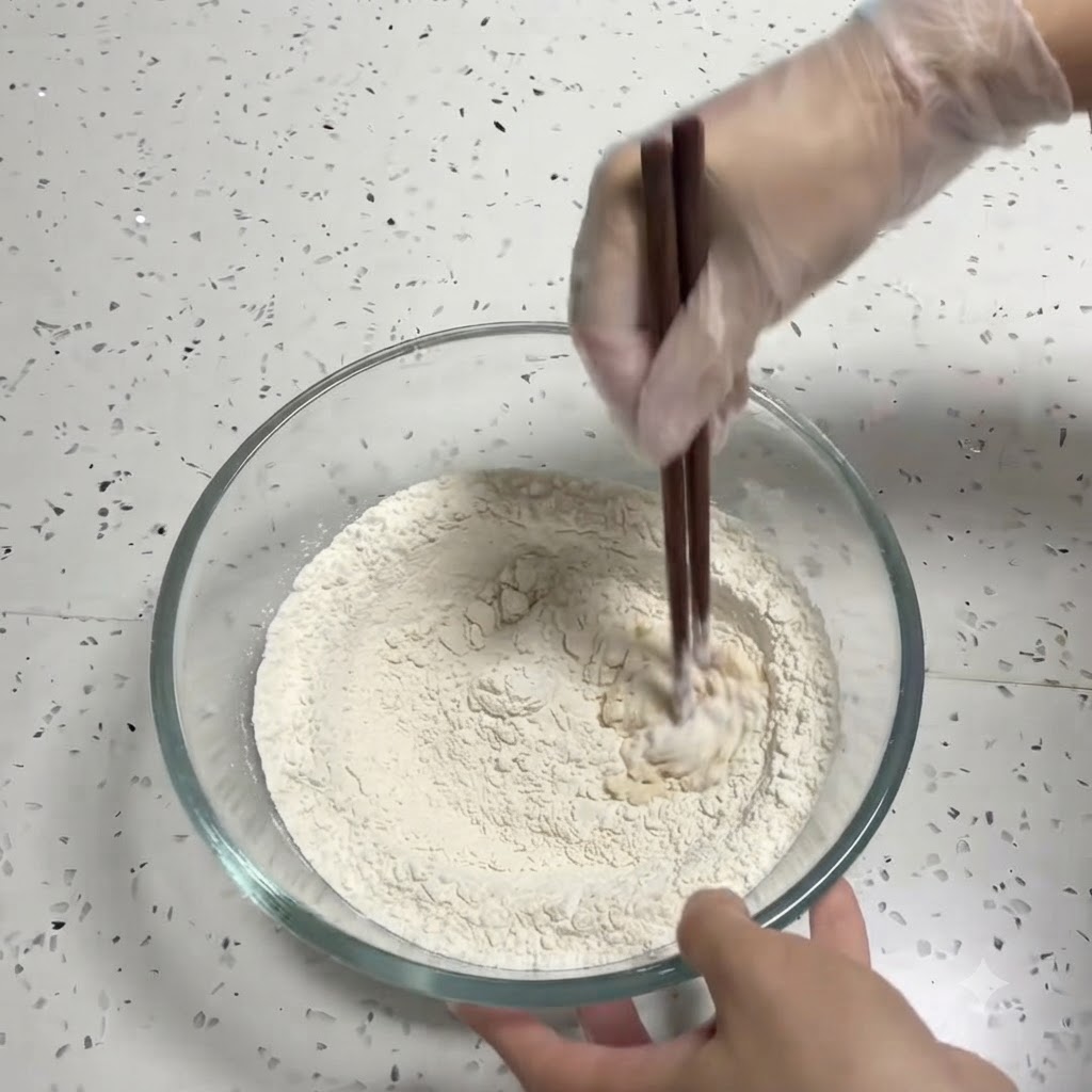 ガラスボウルの中で、菜箸を使って小麦粉、イースト、砂糖、塩を混ぜ合わせている手。