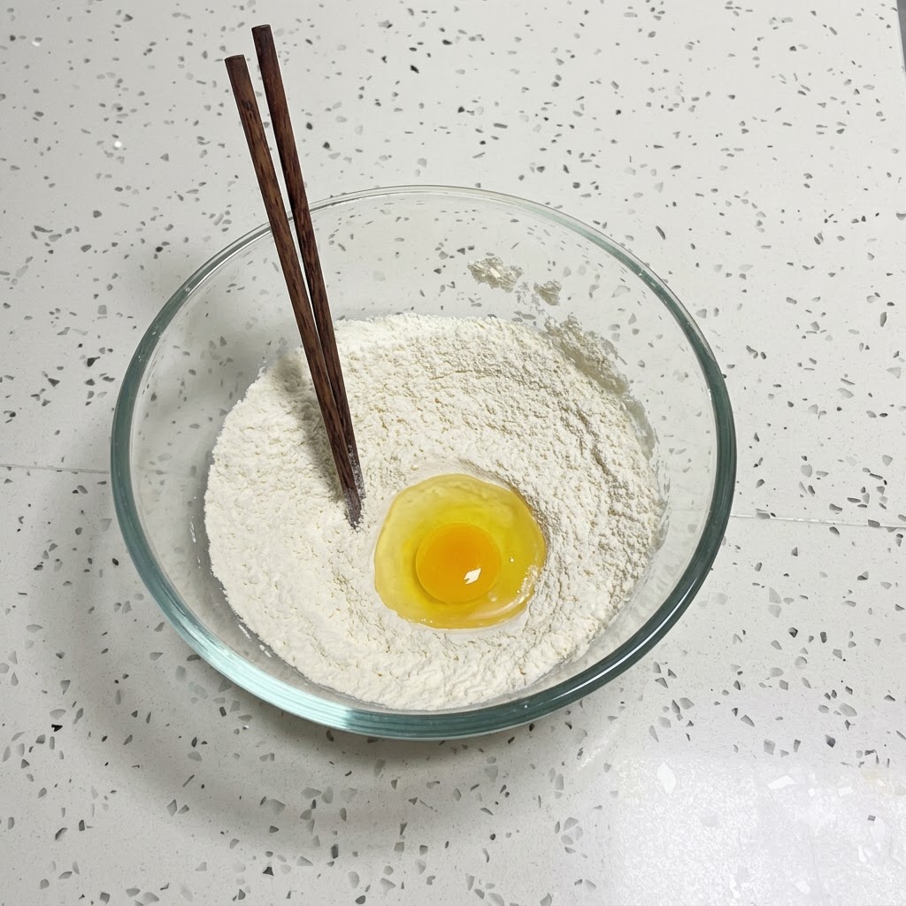 菜箸が突き出た、小麦粉の混ざった中央に割った生の卵が落とし込まれている様子。