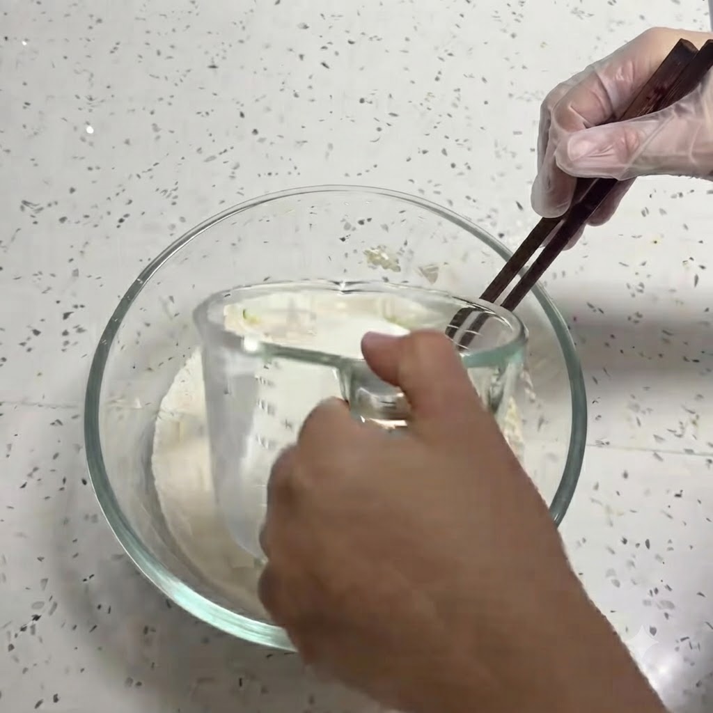 透明な計量カップから、小麦粉やイーストなどが入ったガラスボウルに牛乳が注がれている様子。