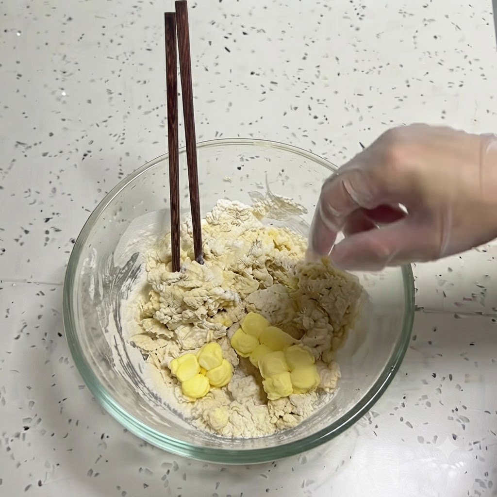 ガラスボウルの中にある、まとまりかけてポロポロした生地の上に黄色いバターの小塊がのせられている様子。
