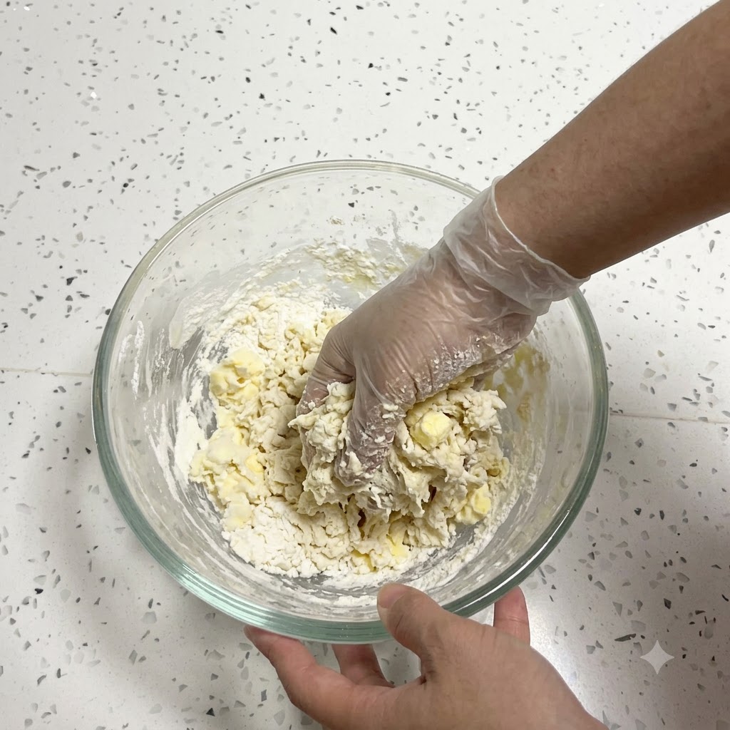プラスチック手袋をはた手で、ガラスボウル内のベタつく生地とバターを一緒にこねている様子。