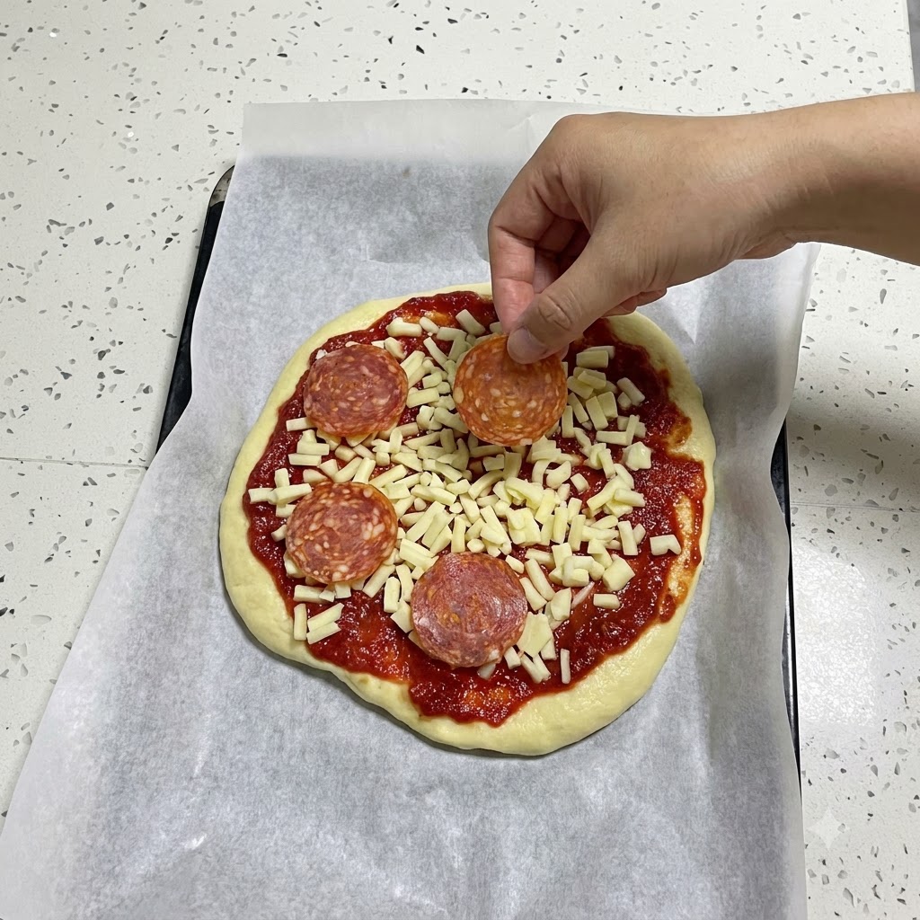 ソースとシュレッドチーズで覆われた焼く前のピザの上に、丸いサラミのスライスを手で並べている様子。