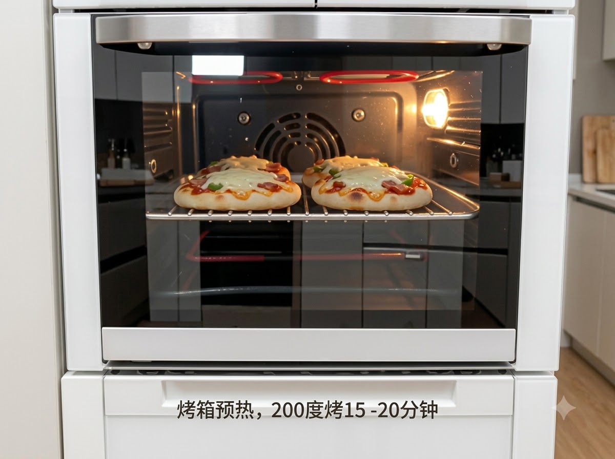 加熱ヒーターが見える高温に予熱されたオーブンの中で焼かれている2枚の小さなピザ。