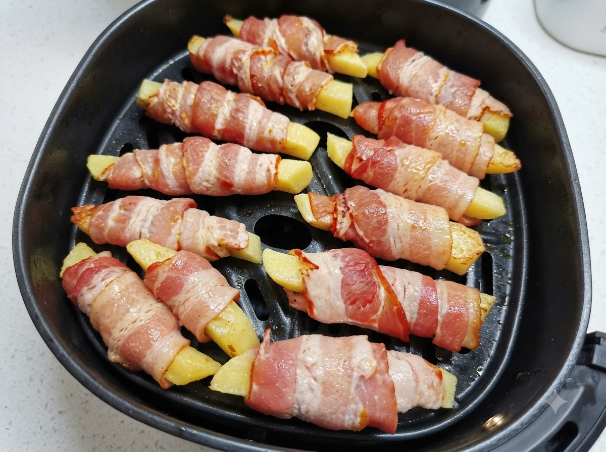 エアフライヤーのバスケットに並べられたベーコン巻きポテトに、白いボトルから油のスプレーを吹きかけている様子。