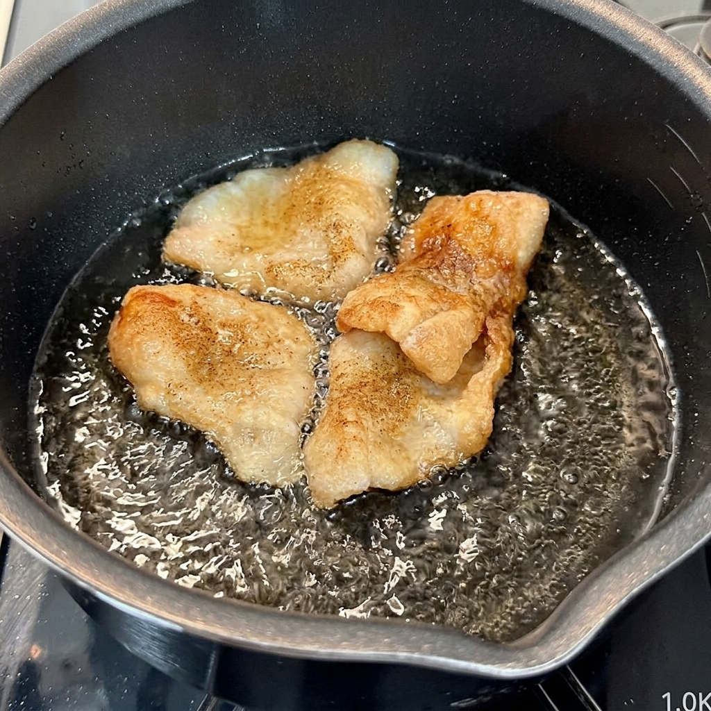 鍋の中で水や豚バラ肉と液体調味料が混ざり合っている様子。