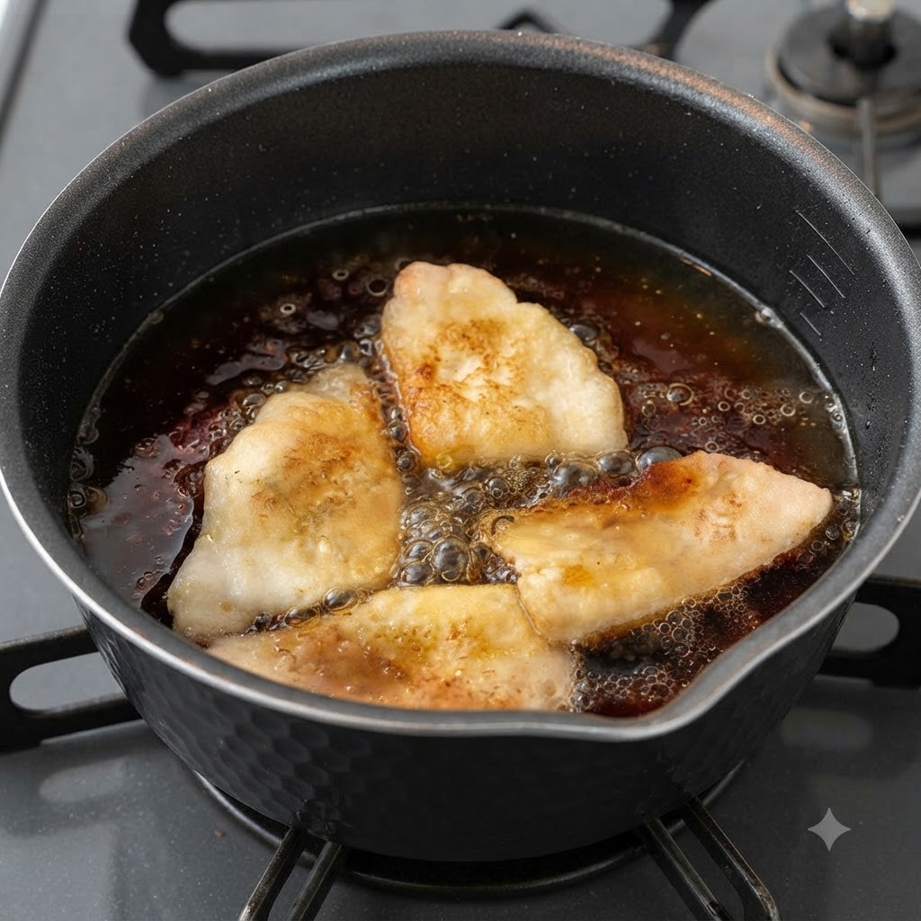 豚バラ肉と一緒に鍋で煮込まれるスープに、みりんと料理酒が加えられているところ。