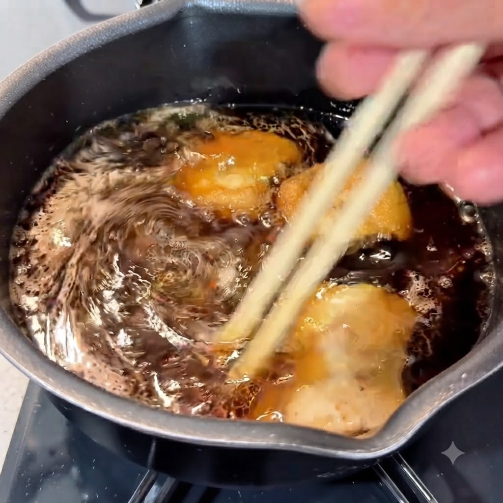 木製の箸を使って、茹で上がったラーメンの麺と豚バラ肉を煮込んでいるスープに絡めているところ。