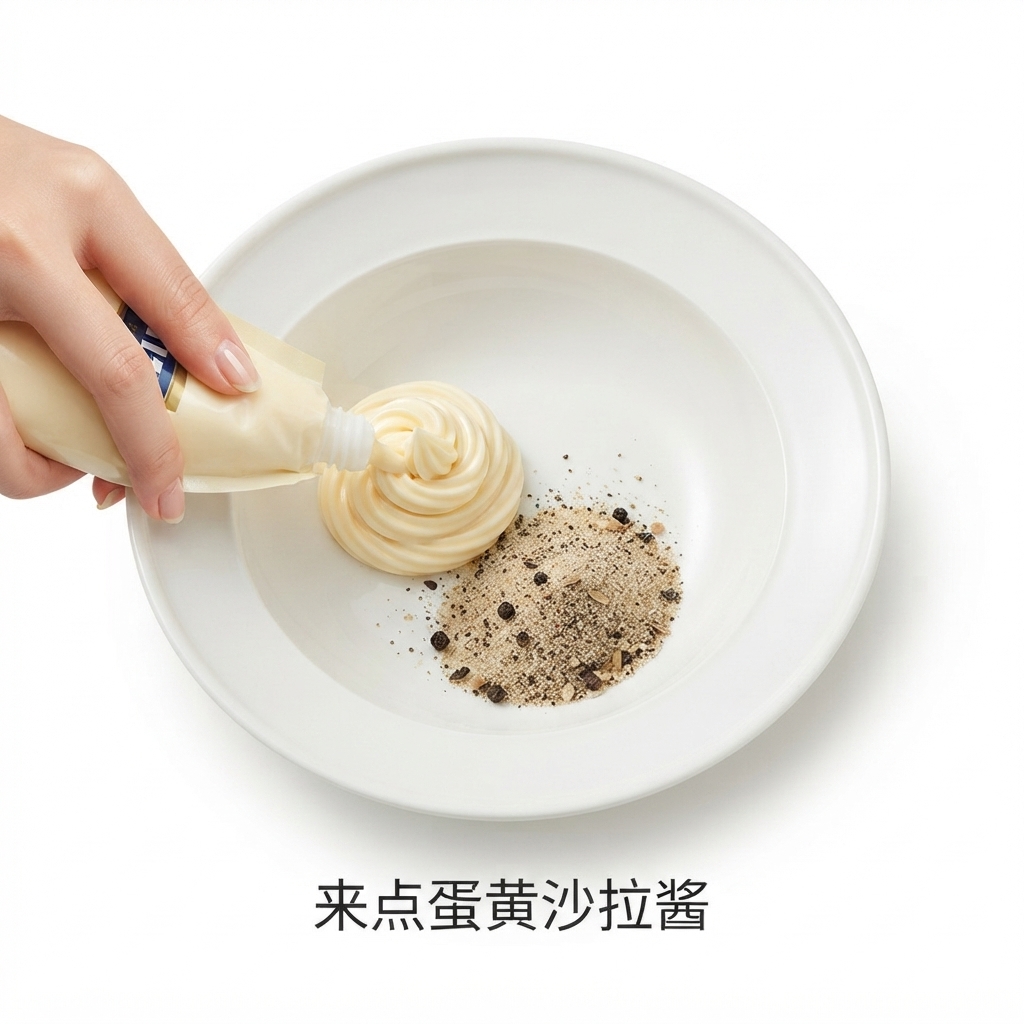 白いボウルの中で粉末スープの上にチューブから白いマヨネーズが絞り出されている様子。cite: 1