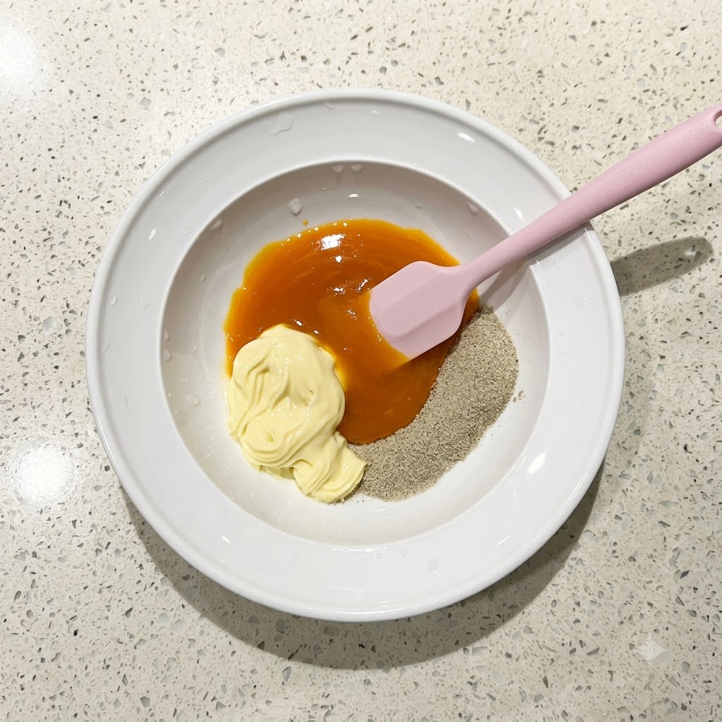 ピンク色のシリコンヘラで、白いボウルの中で調味料、マヨネーズ、卵黄を滑らかなオレンジ色のソースに混ぜ合わせている様子。cite: 1