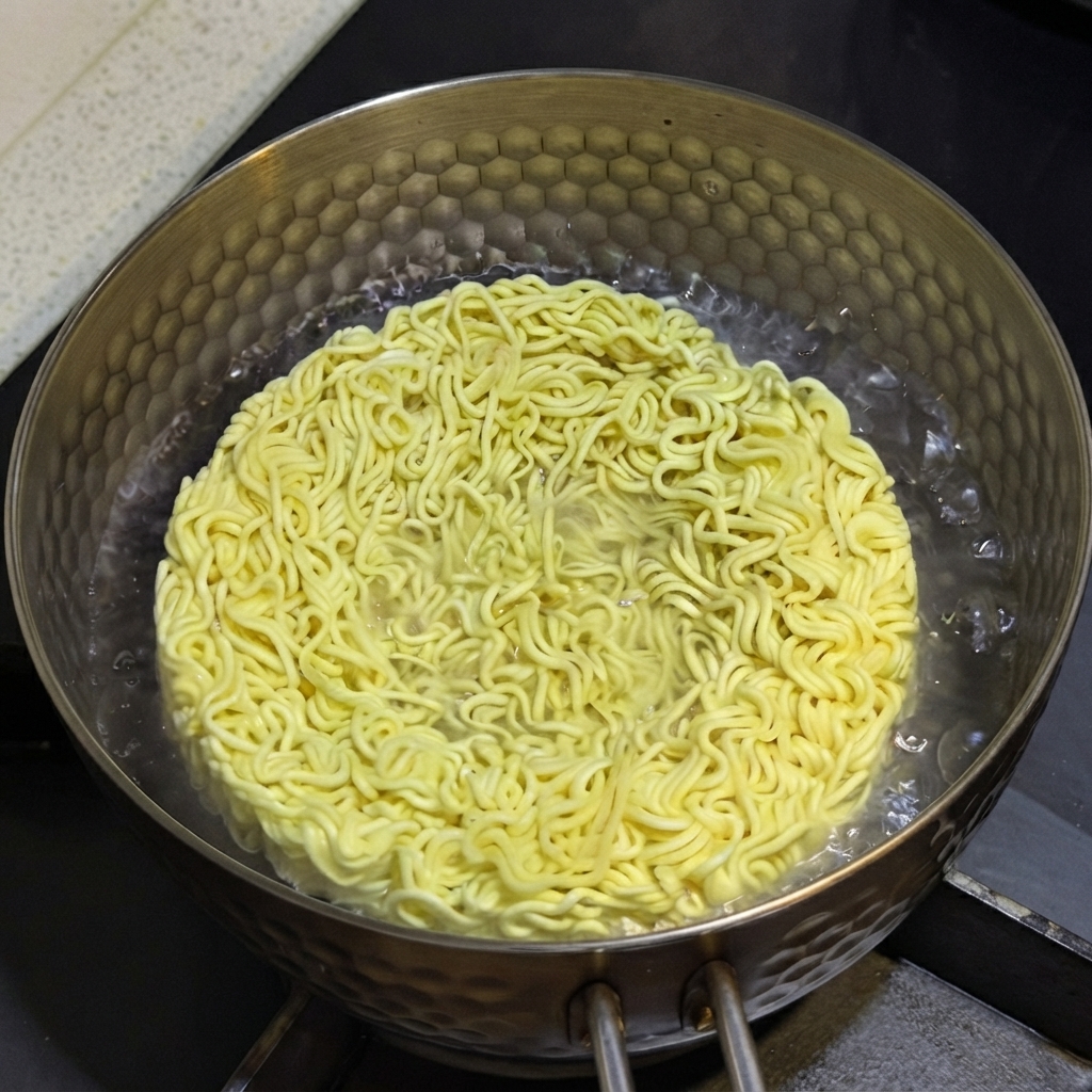 模様入りの金属鍋の中で、沸騰するお湯の中に黄色いインスタントラーメンのブロックが入っている様子。cite: 1