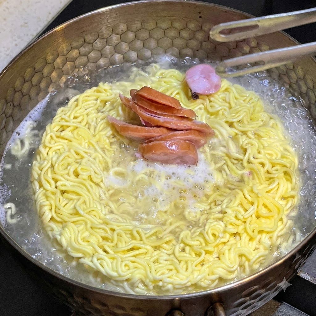 キッチントングを使って、スライスしたソーセージとかまぼこを茹で中のインスタントラーメンの鍋に入れている様子。cite: 1