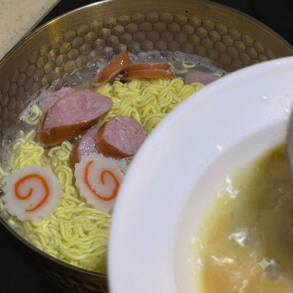 お玉で調理鍋から熱いスープをすくい、ソースの入った白いボウルに注いでいる様子。cite: 1