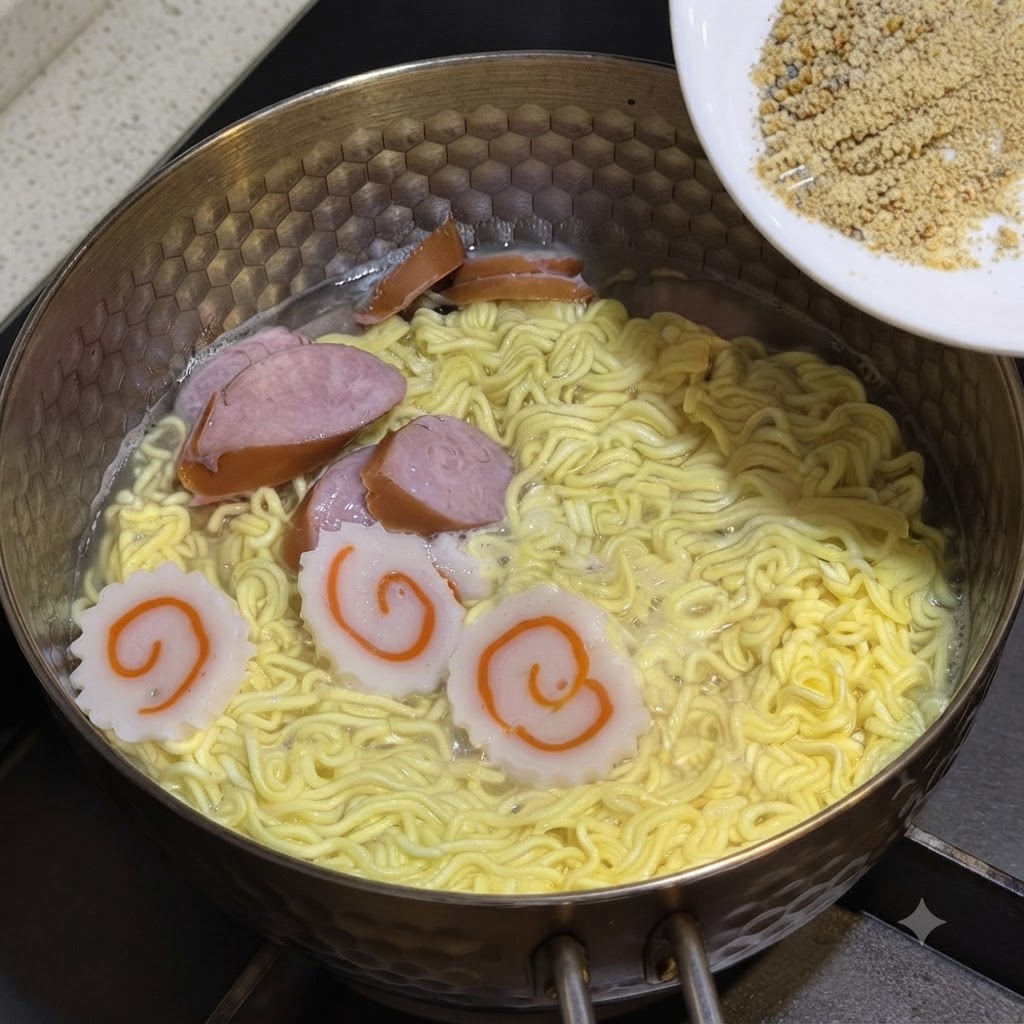 白いお皿から調味料と混ざったソースを、沸騰している麺の鍋に流し込んでいる様子。cite: 1