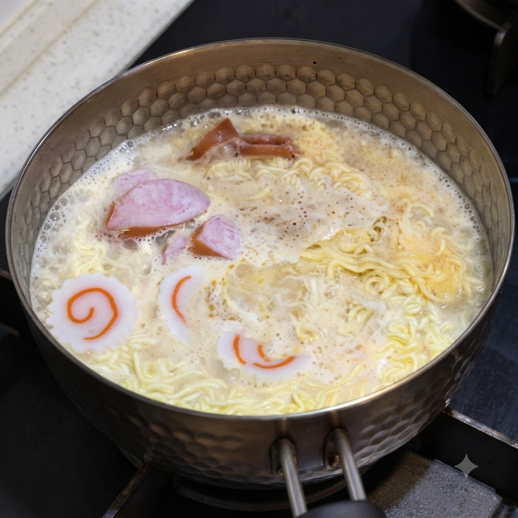 煮立っている麺とソーセージの鍋に卵白が流し込まれている様子。cite: 1