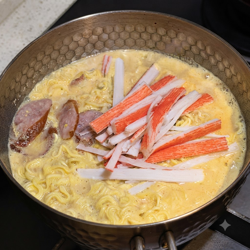 鍋の中で煮えている麺の上に、ほぐしたカニカマが散らされている様子。cite: 1