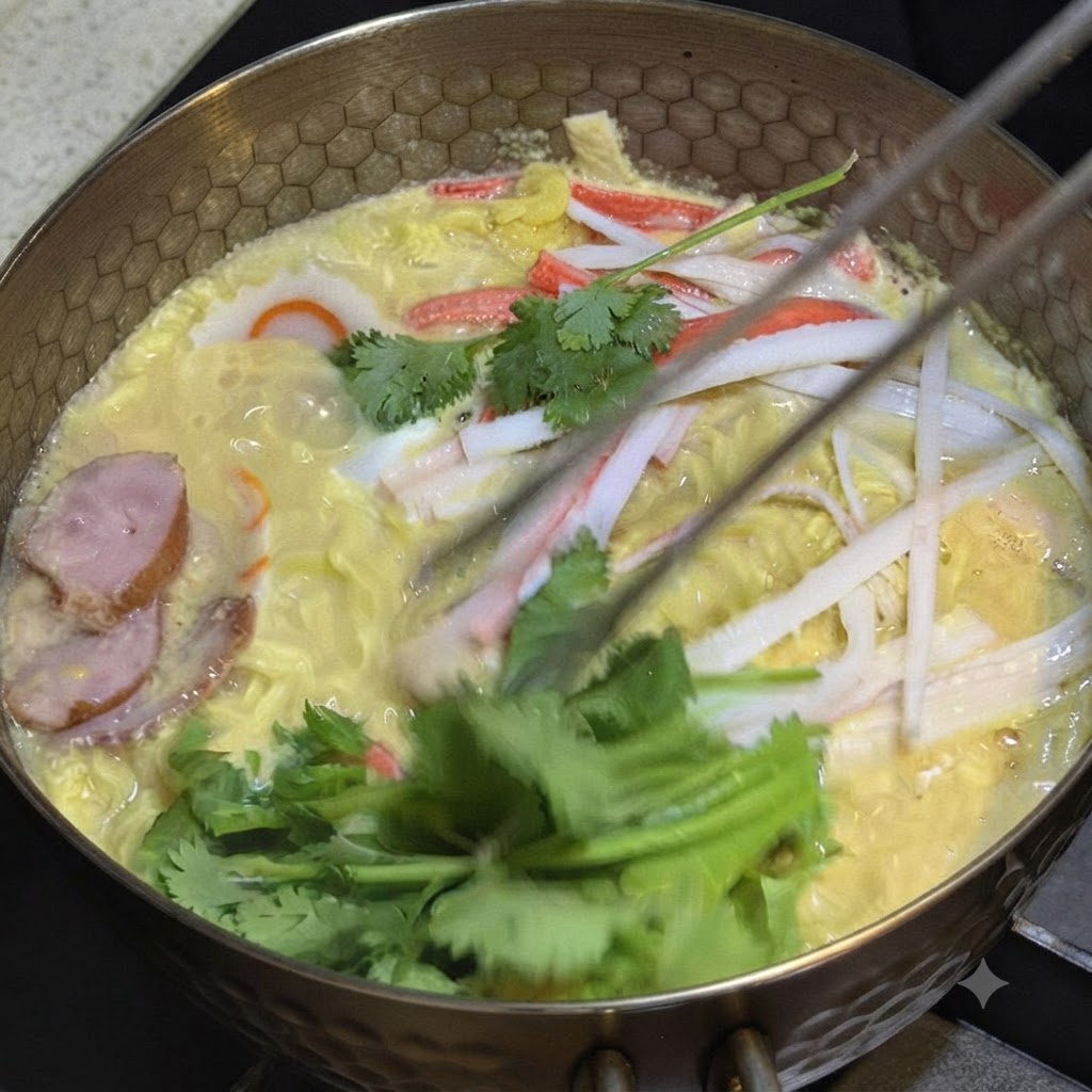 調理されたラーメンの上に、トングを使って生のパクチーがトッピングされている様子。cite: 1