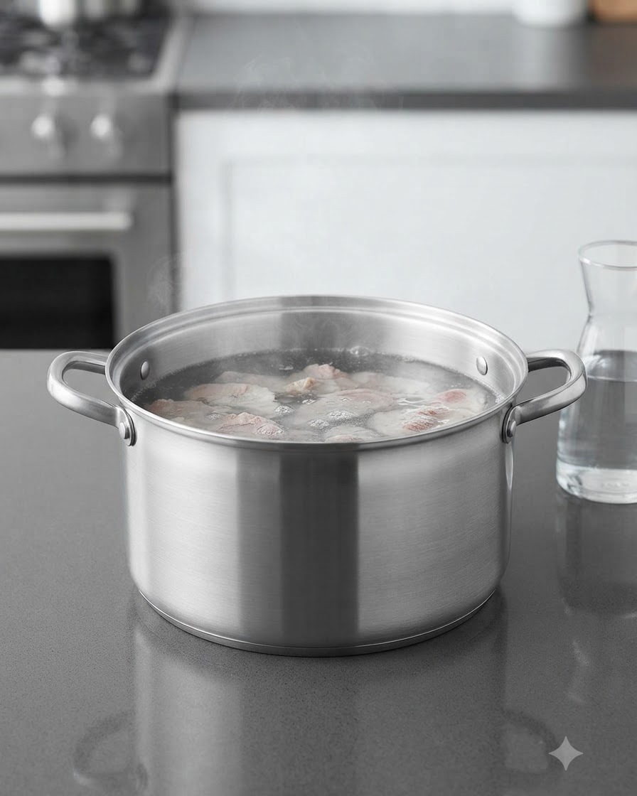 豚骨が入った大きな寸胴鍋に濾過水を注ぎ入れている様子