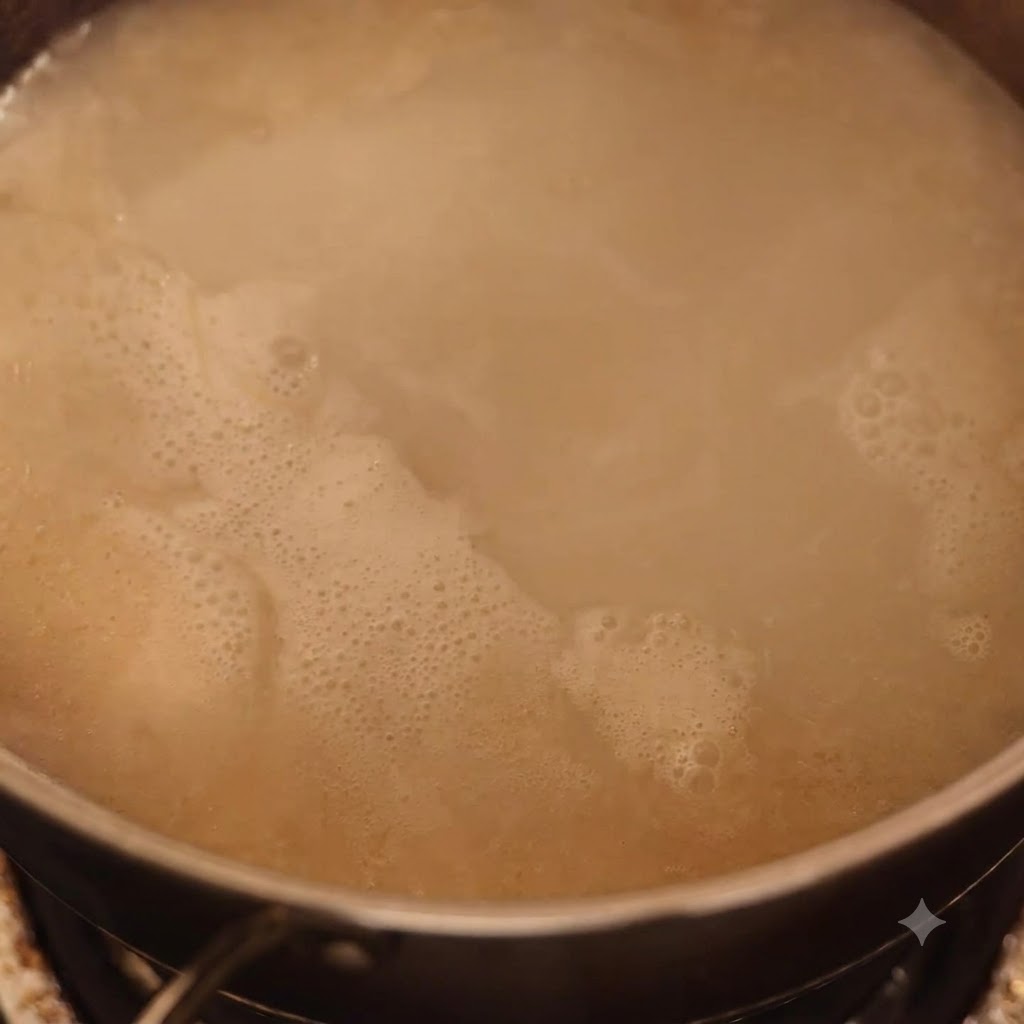 とろみのある豚骨スープに潰した肉を戻し入れて混ぜ合わせている様子