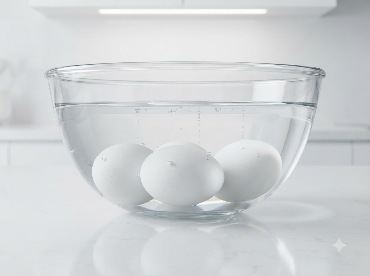 氷水が入ったガラスボウルに茹で卵が沈んでいる様子