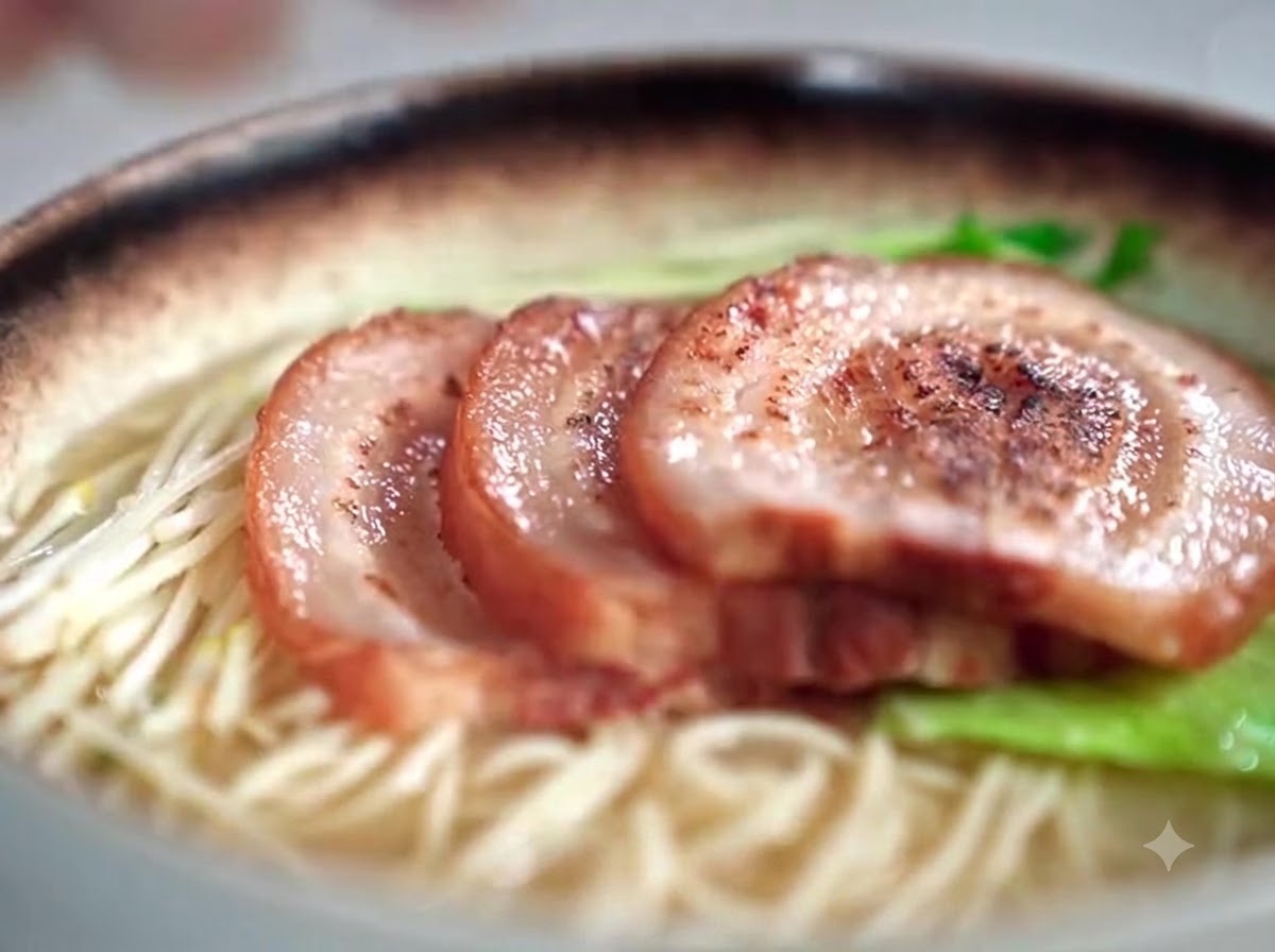 炙りチャーシューや半熟味玉、青菜が美しく盛り付けられた完成豚骨ラーメンのアップ