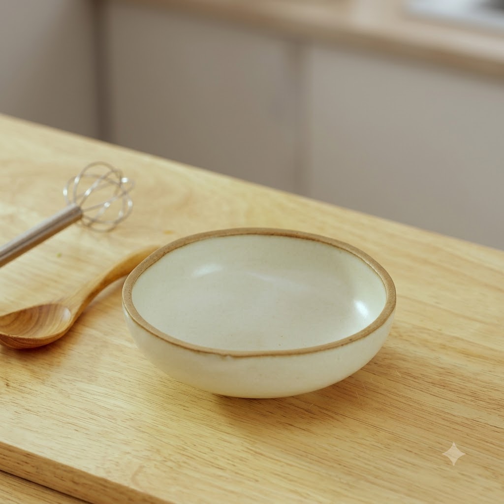 木製の表面に置かれた小さな泡立て器と木製スプーンが入った空のセラミックボウル。