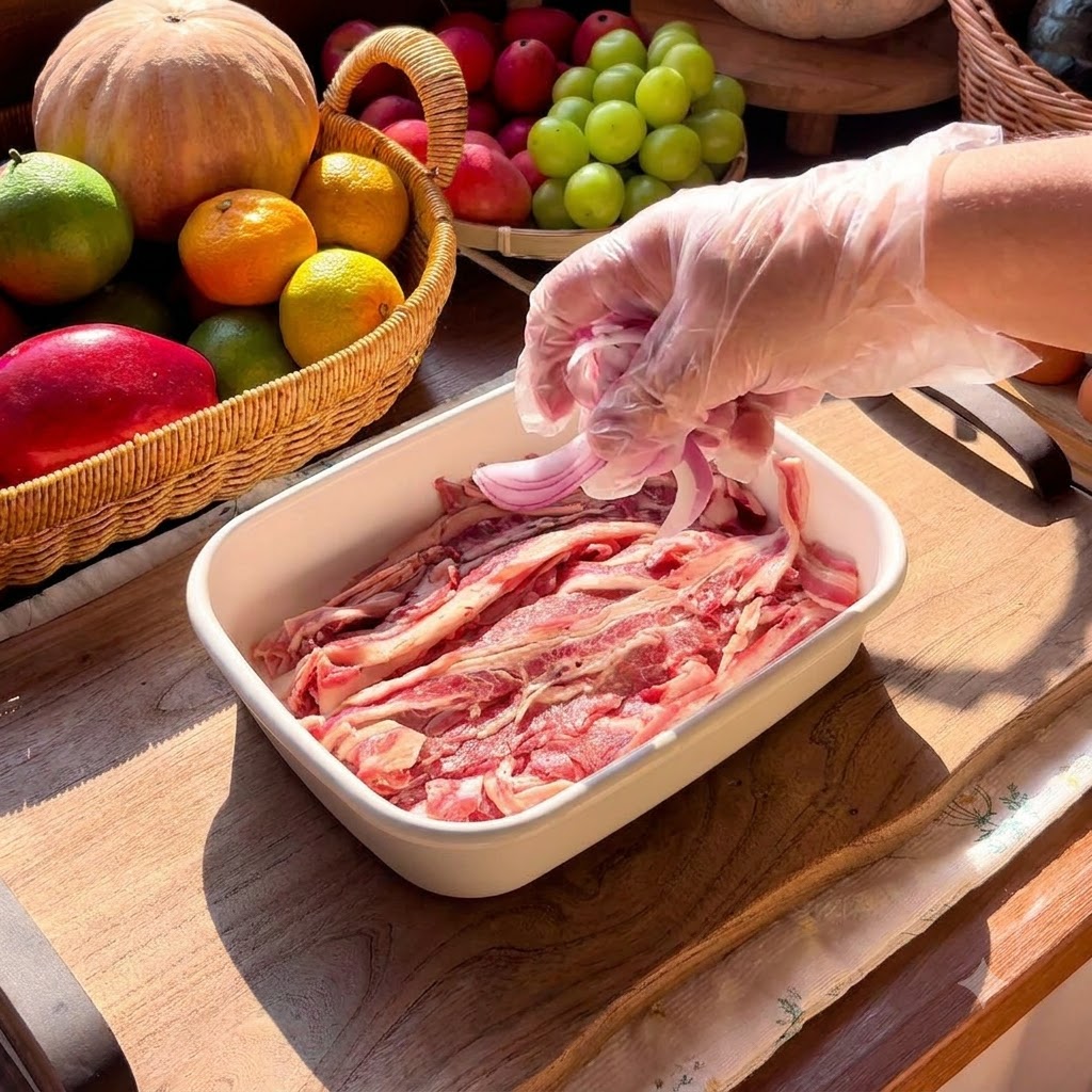 白い長方形の器に薄切り牛肉を敷き詰め、その上に紫玉ねぎのスライスをのせている様子。