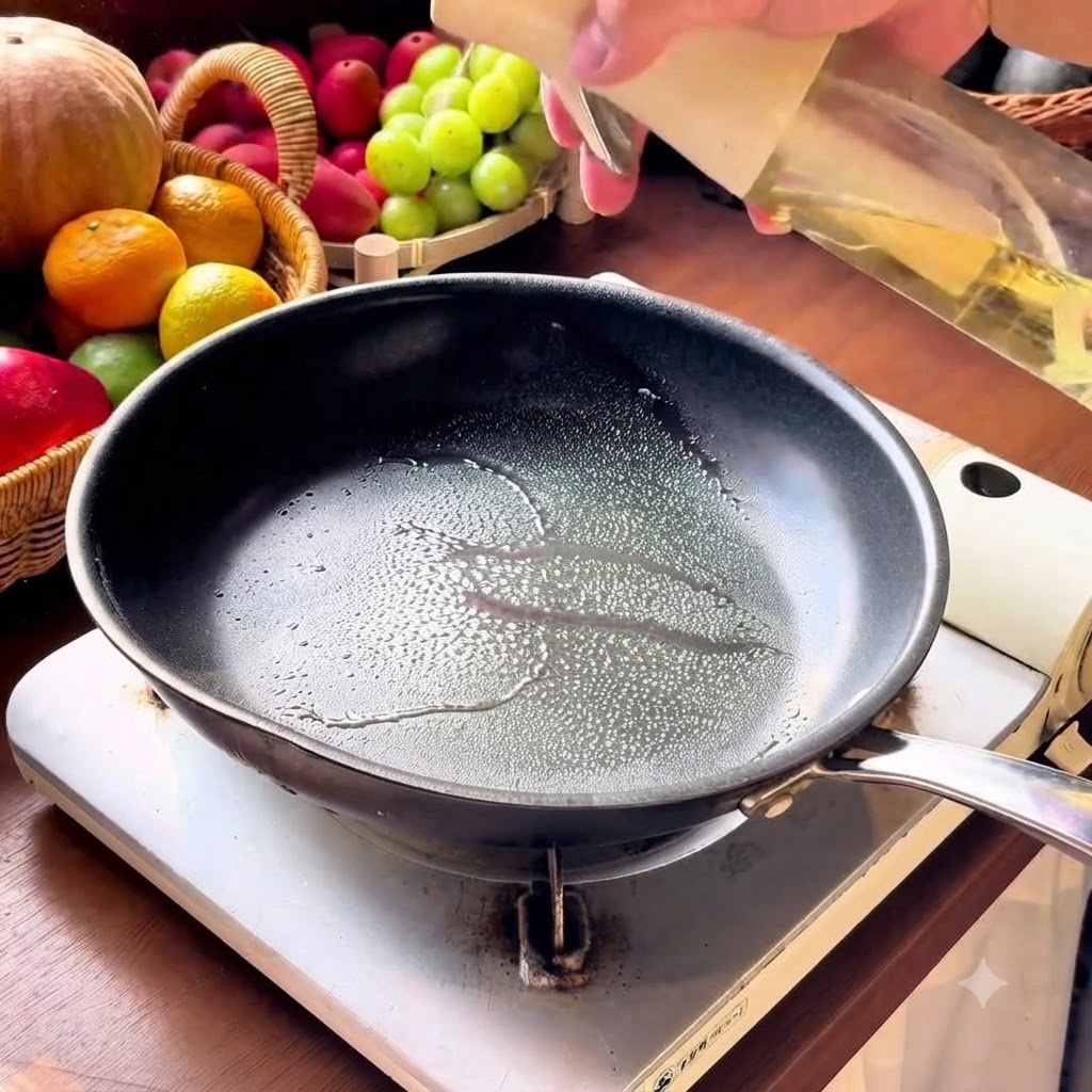 熱したテフロン加工のフライパンで焼かれている卵の上に、ほぐしたカニカマをのせている様子。