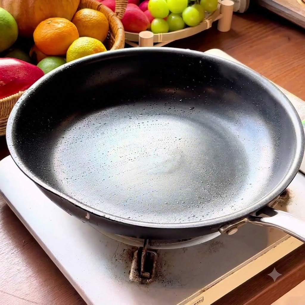 熱したテフロン加工のフライパンで、下味をつけた牛肉と玉ねぎを炒めている様子。