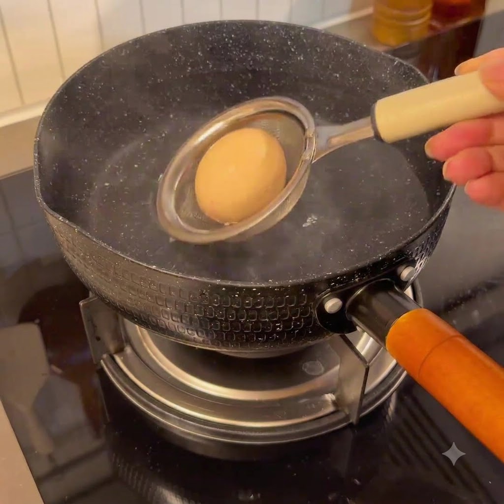 穴あきお玉を使って、沸騰したお湯の入った鍋から卵をすくい上げている様子。