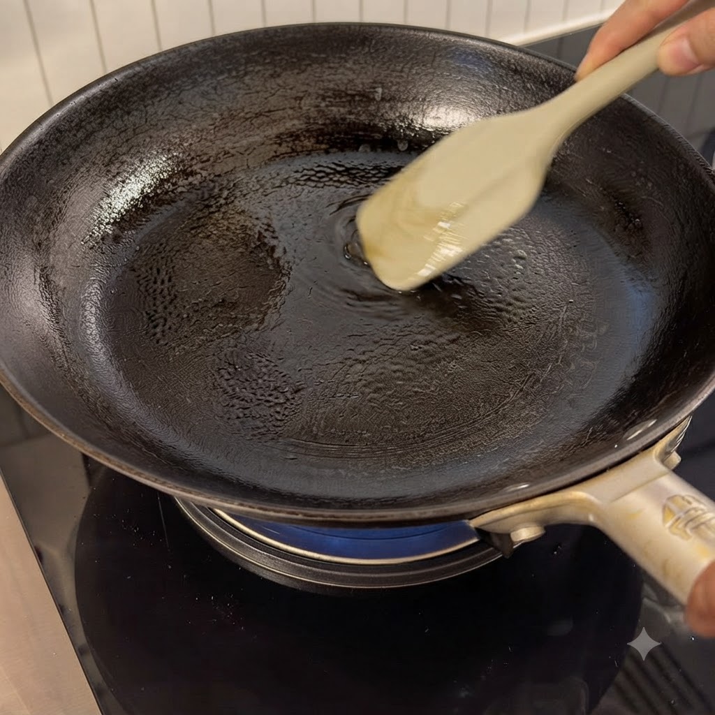 バーナーの上の黒いフライパンで、シリコンスパチュラを使ってクッキングオイルと玉ねぎを炒めている様子。