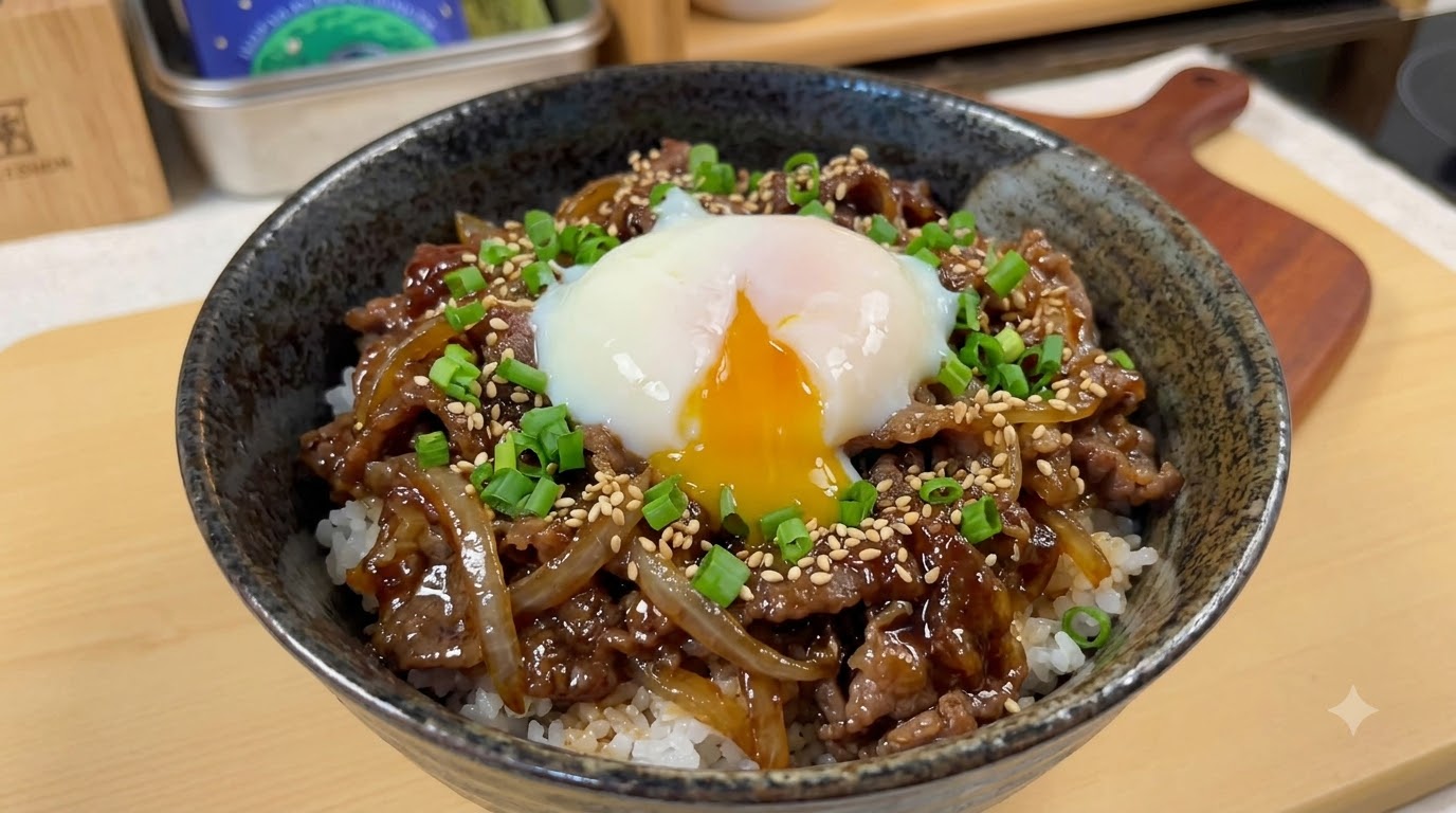 温泉卵、刻みネギ、いりごまをトッピングした、ボリューム満点の照り焼きビーフ丼cite: 1。
