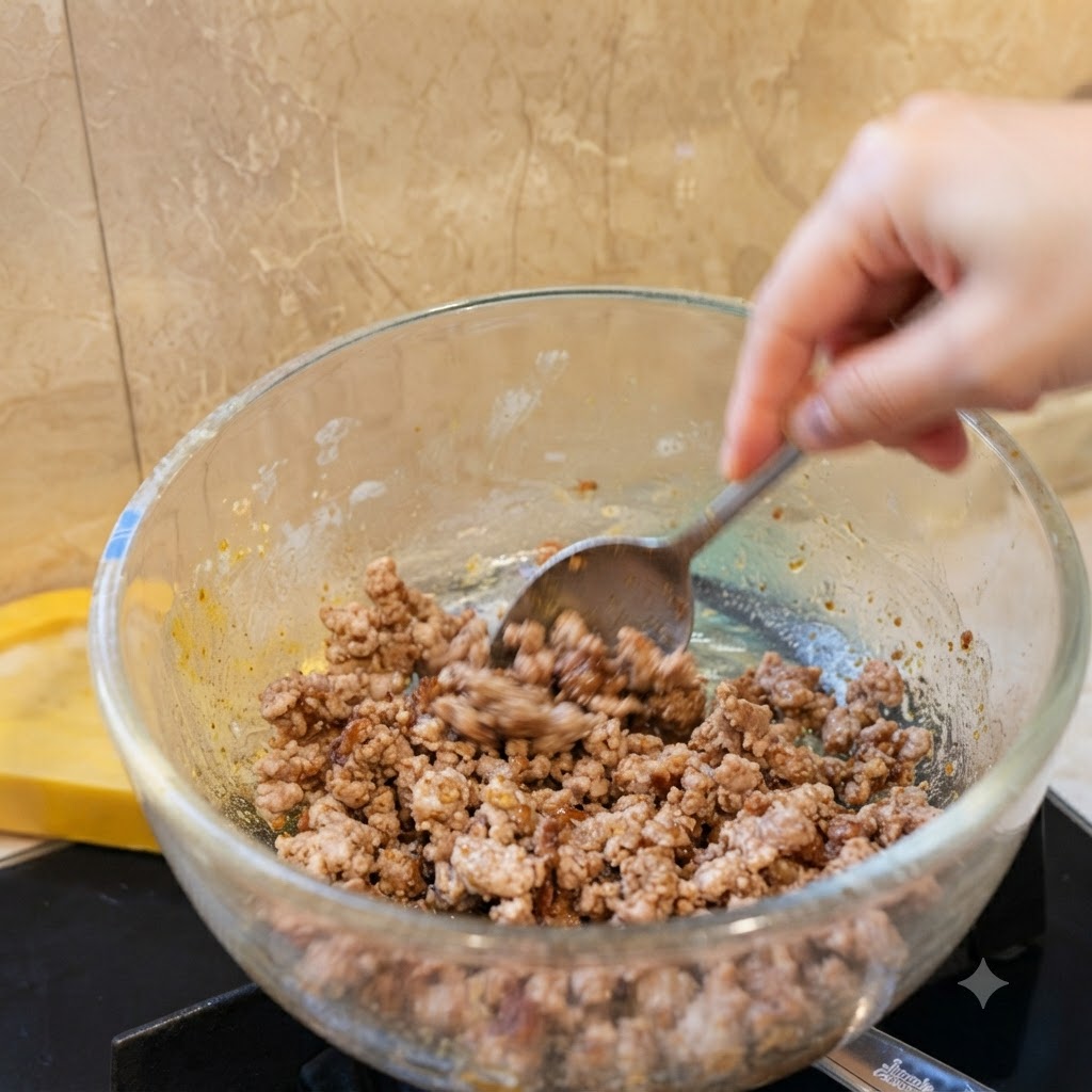 ガラスボウルに入った味付け済みのひき肉を、スプーンですすっている様子。
