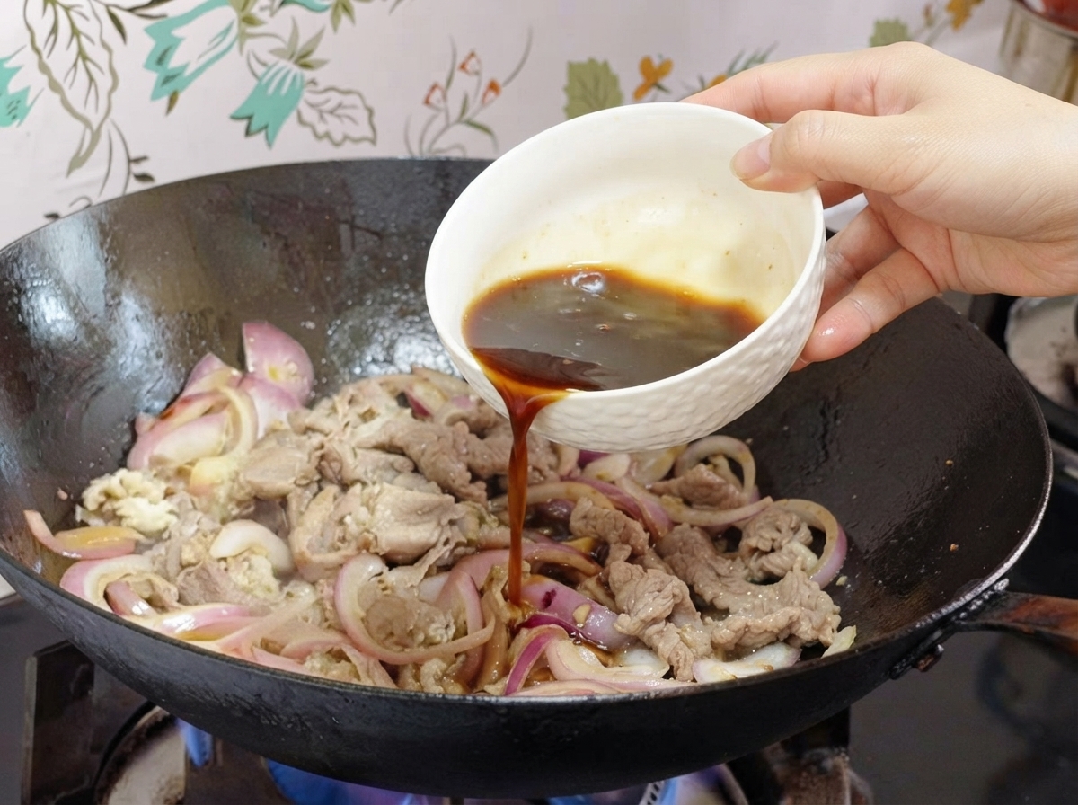 小さな白いボウルに入ったタレを、玉ねぎと牛肉の入った中華鍋に注ぎ入れているところ
