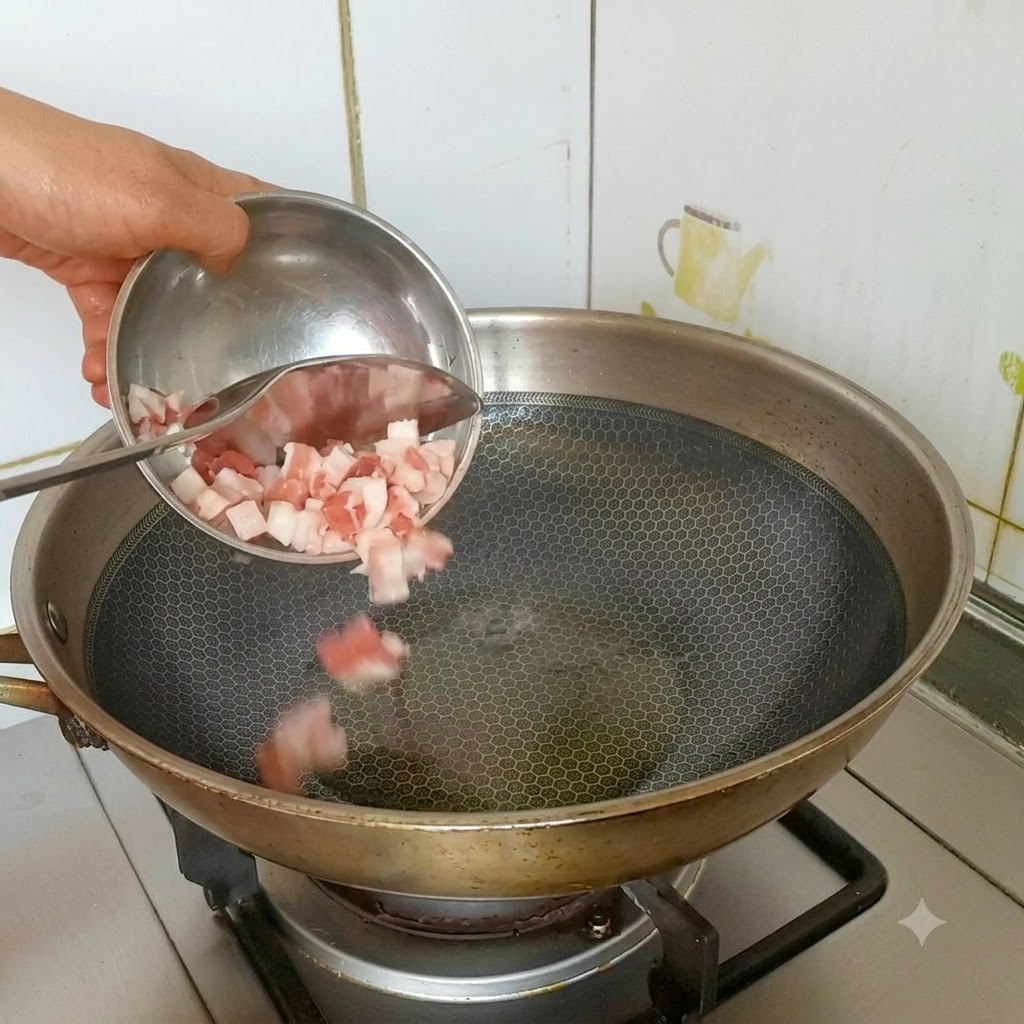 小さなボウルから熱した油をひいたステンレスの中華鍋に、サイコロ状の豚バラ肉を入れている様子。