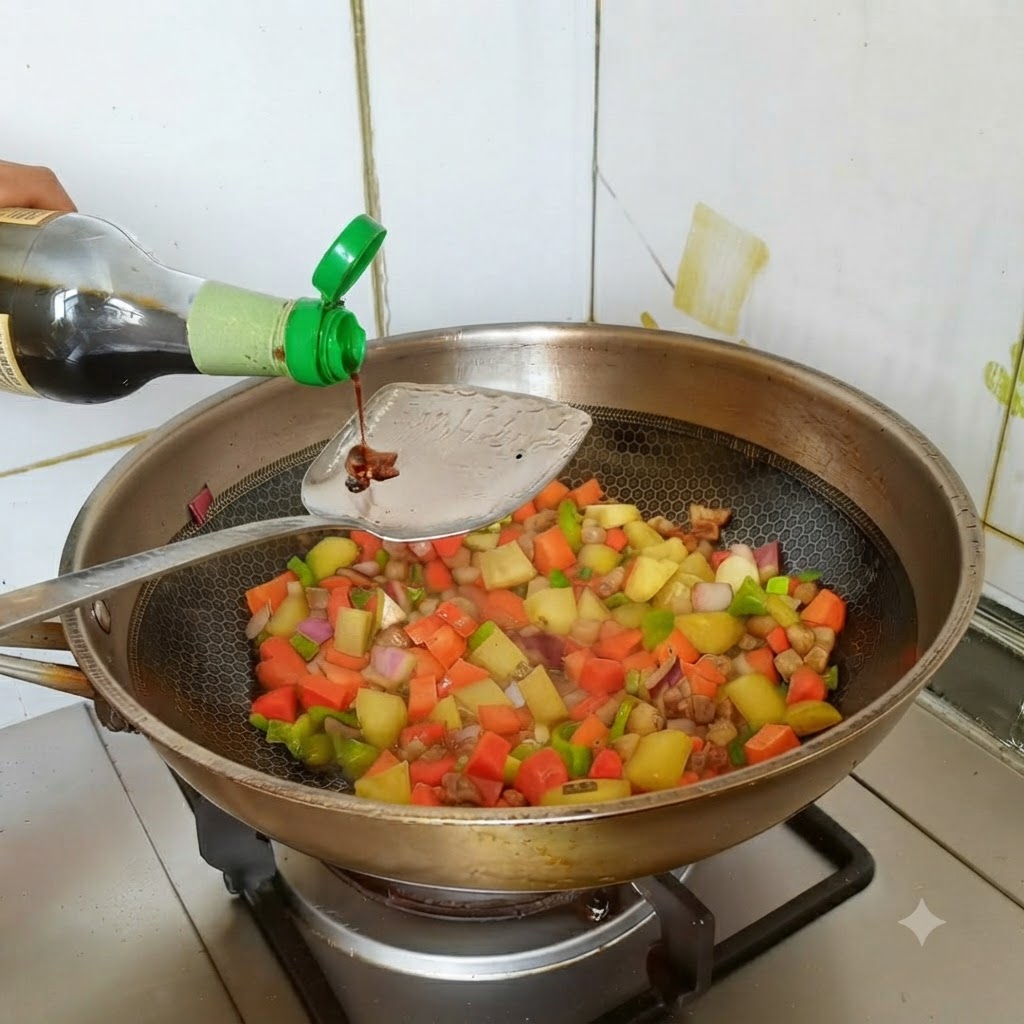 野菜と肉のミックスの上で、スパチュラに沿わせるようにボトルから薄口しょうゆを回し入れている様子。
