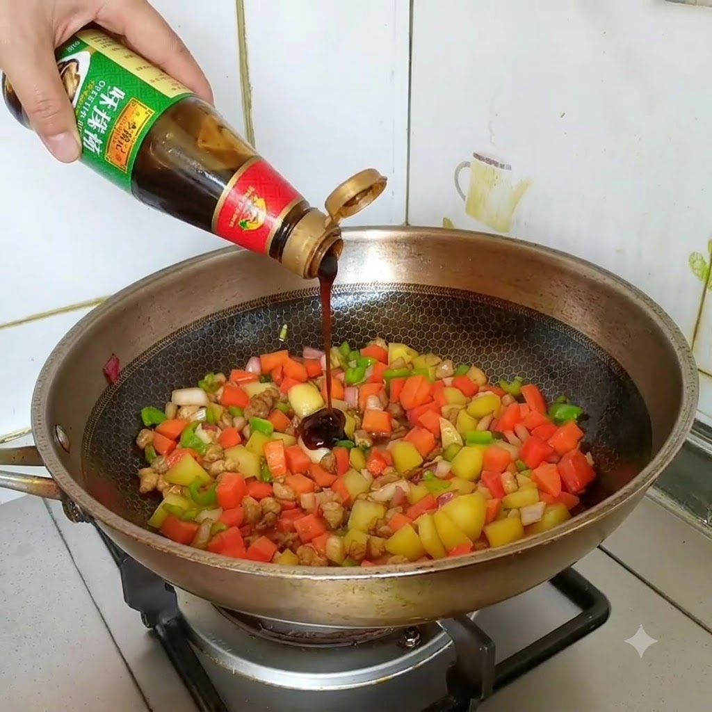 炒めている野菜のミックスに、スクイーズボトルからオイスターソースを直接絞り入れている様子。