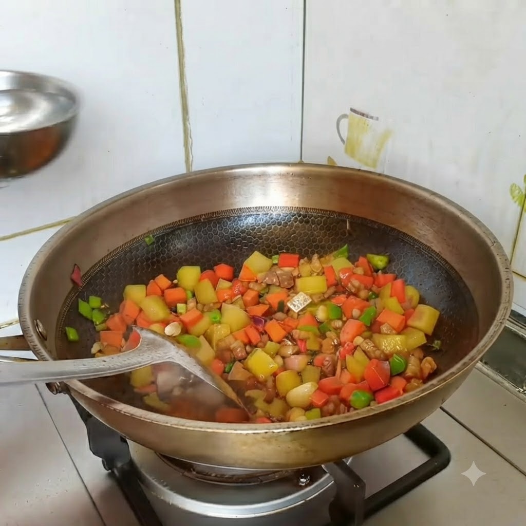 カレールーを加える前に、具材の入った中華鍋に少量の水を注いでいる様子。