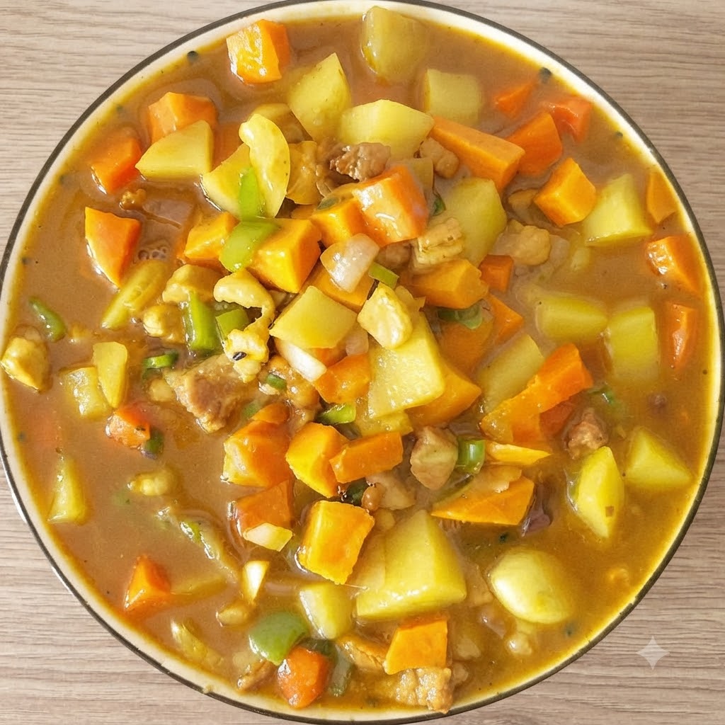 野菜とスープで煮立つ中華鍋の中に、固形のカレールーを1個落とし入れている様子。