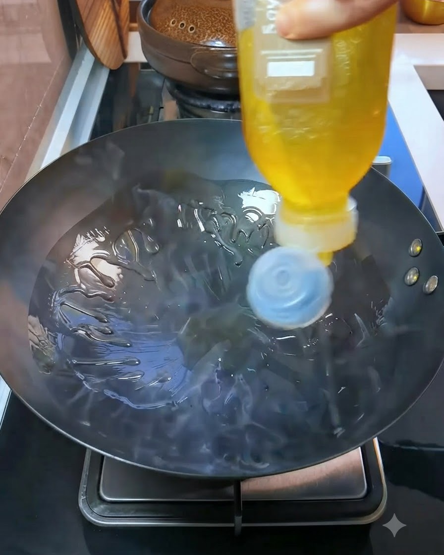 熱した中華鍋に黄色いボトルからサラダ油を注いでいる様子。