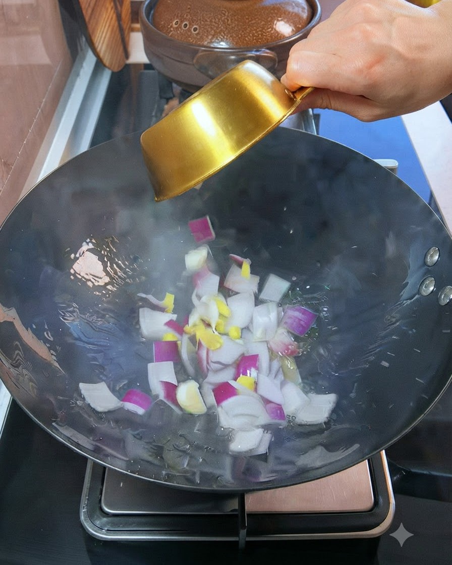 熱した油の入った中華鍋に、小さな金のボウルから角切りの赤玉ねぎとにんにくを入れている様子。