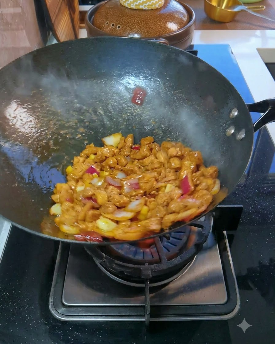直火にかけた熱い中華鍋で、豚肉と赤玉ねぎを宙に浮かせて炒めている様子。