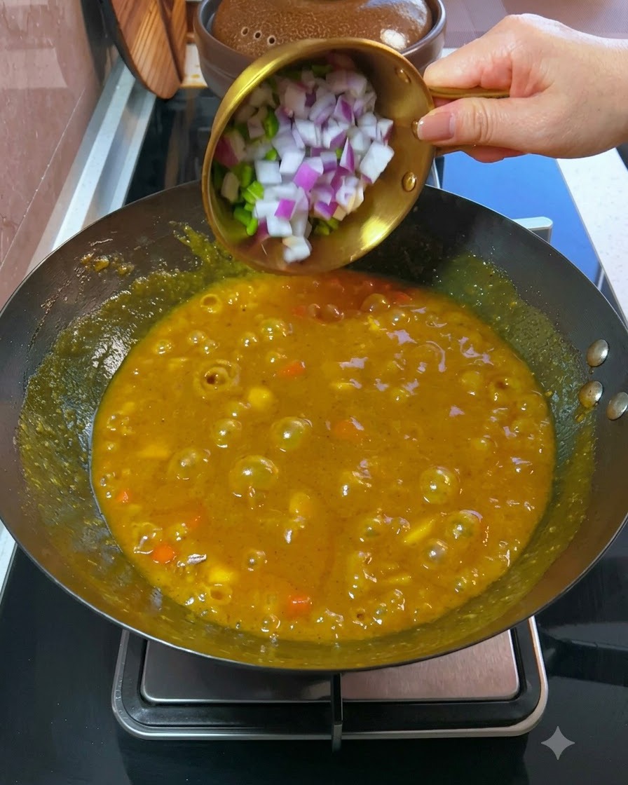 とろみのあるグツグツ煮立ったカレーの中に、刻んだ青ねぎと赤玉ねぎを加えている様子。