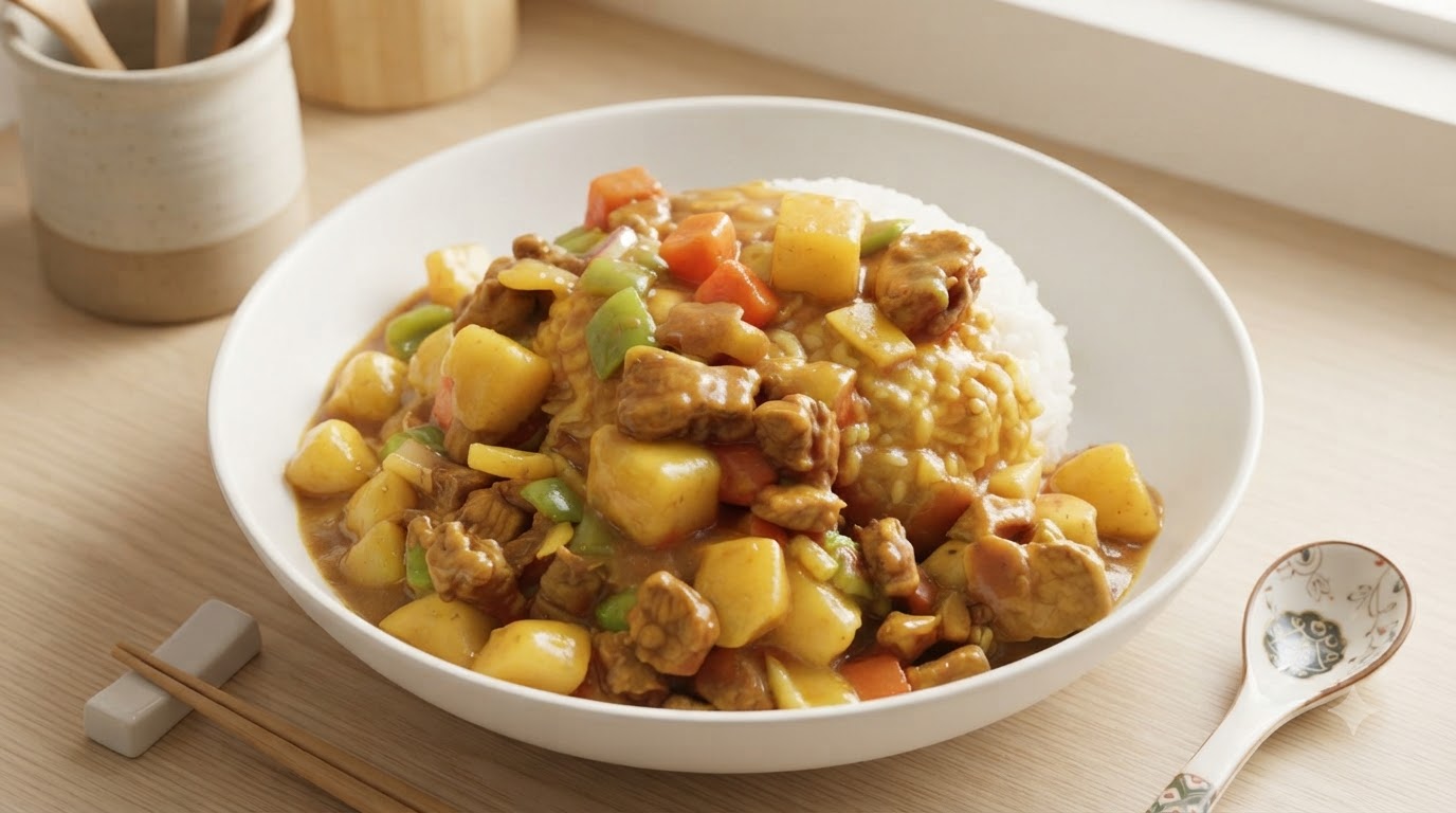 ホカホカのご飯に、やわらかいじゃがいもとにんじんがたっぷり入った家庭的なポークカレー。cite: 1