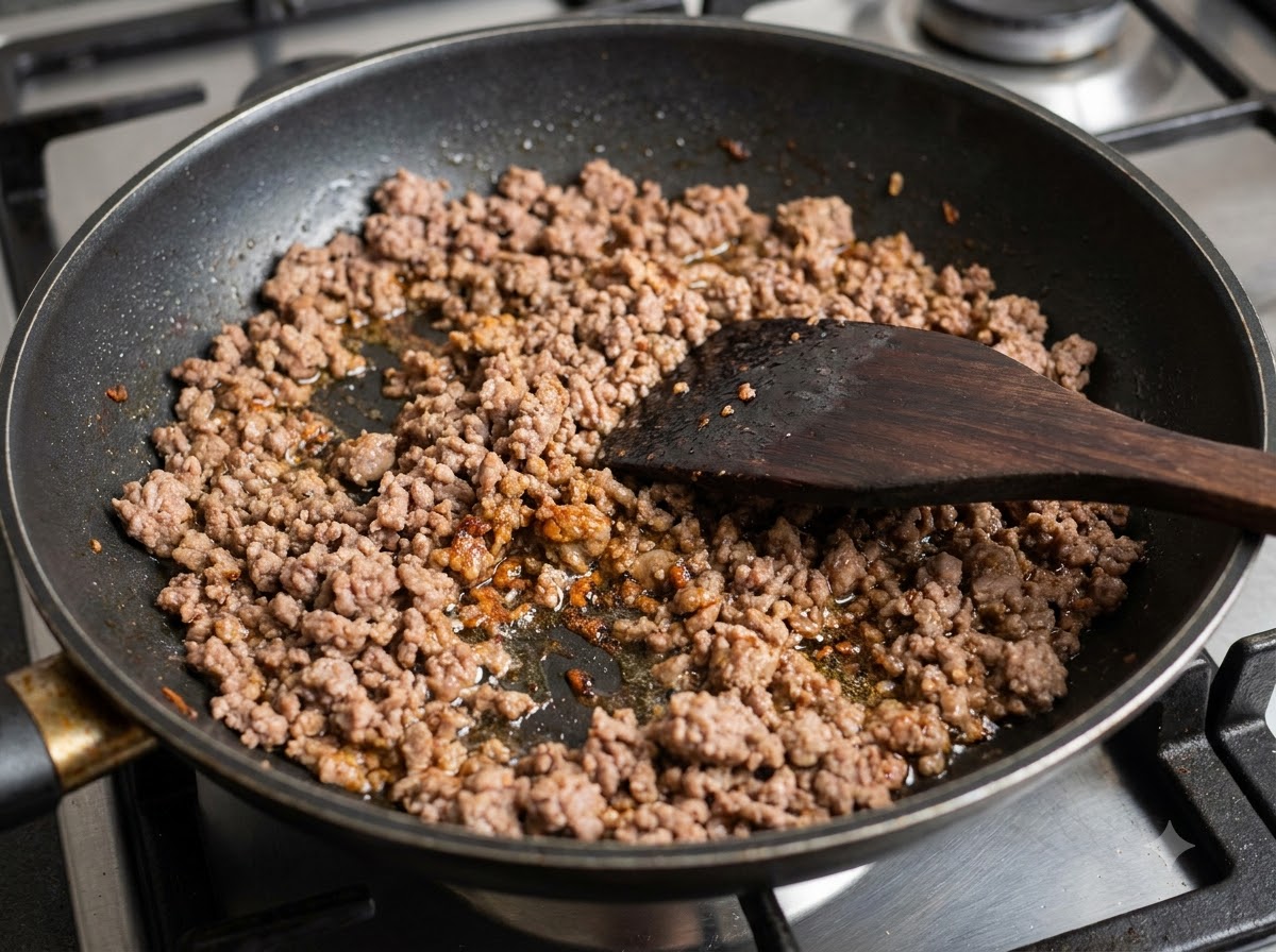 黒いフライパンの中で木べらを使って豚ひき肉を炒めている様子。