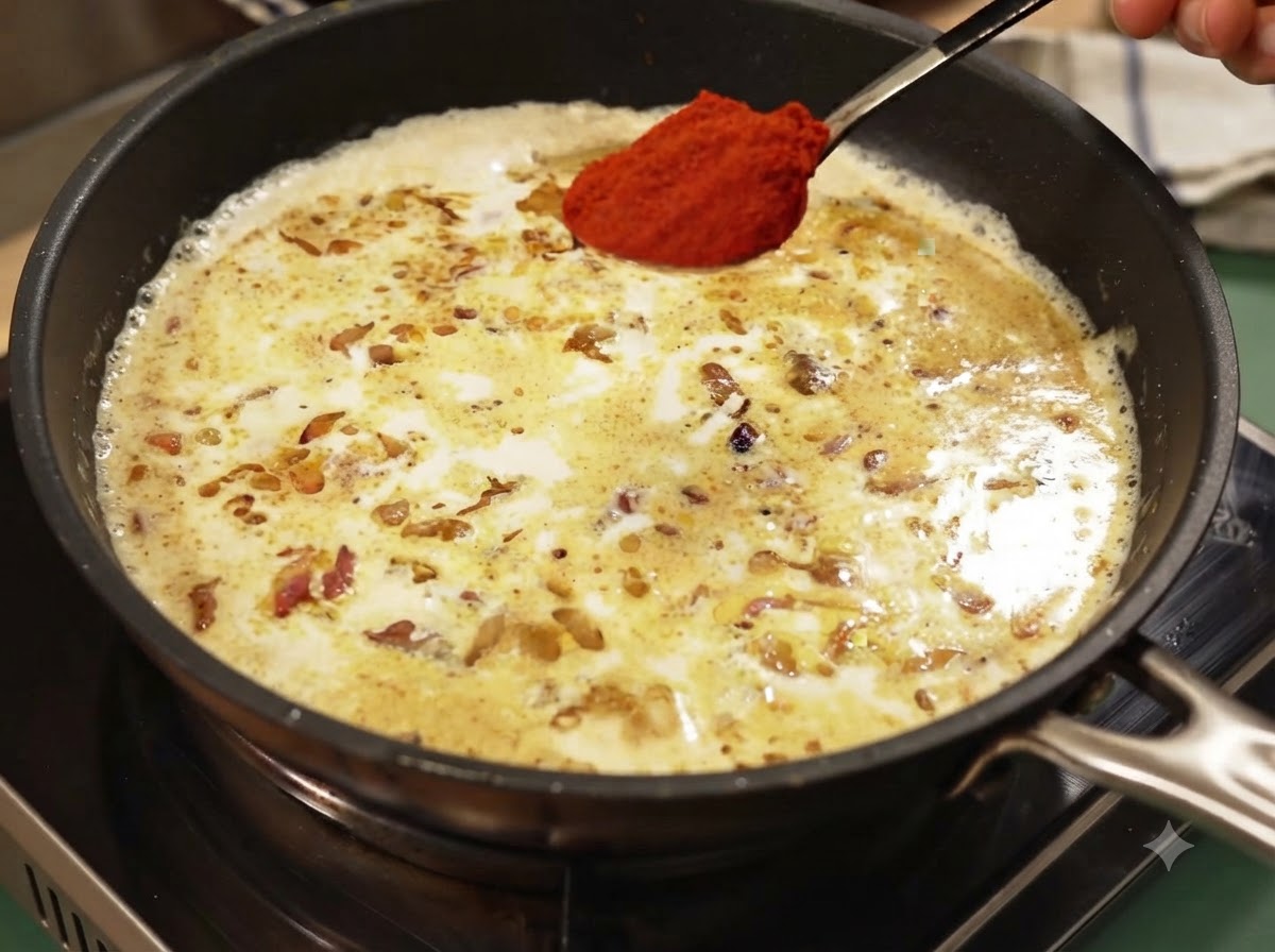 クリーミーなカレーソースの上で赤色のスイートパプリカパウダーをスプーンですすっている様子。