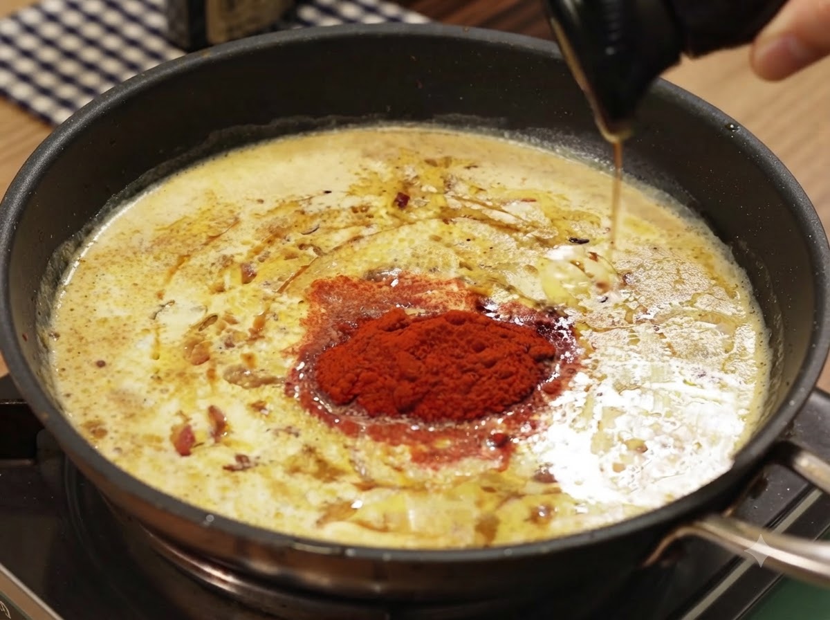 おたまを使って、泡立つカレーソースに濃い色の調味ソースを注いでいる様子。